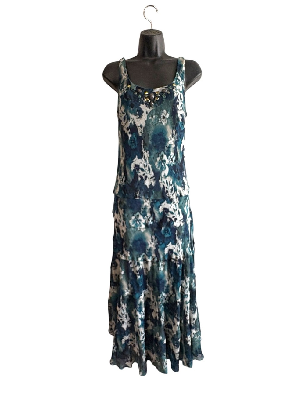 Vintage Y2K Size 12โ Blue White Watercolor Floral Tiered Maxi Dress Beaded Fairy
